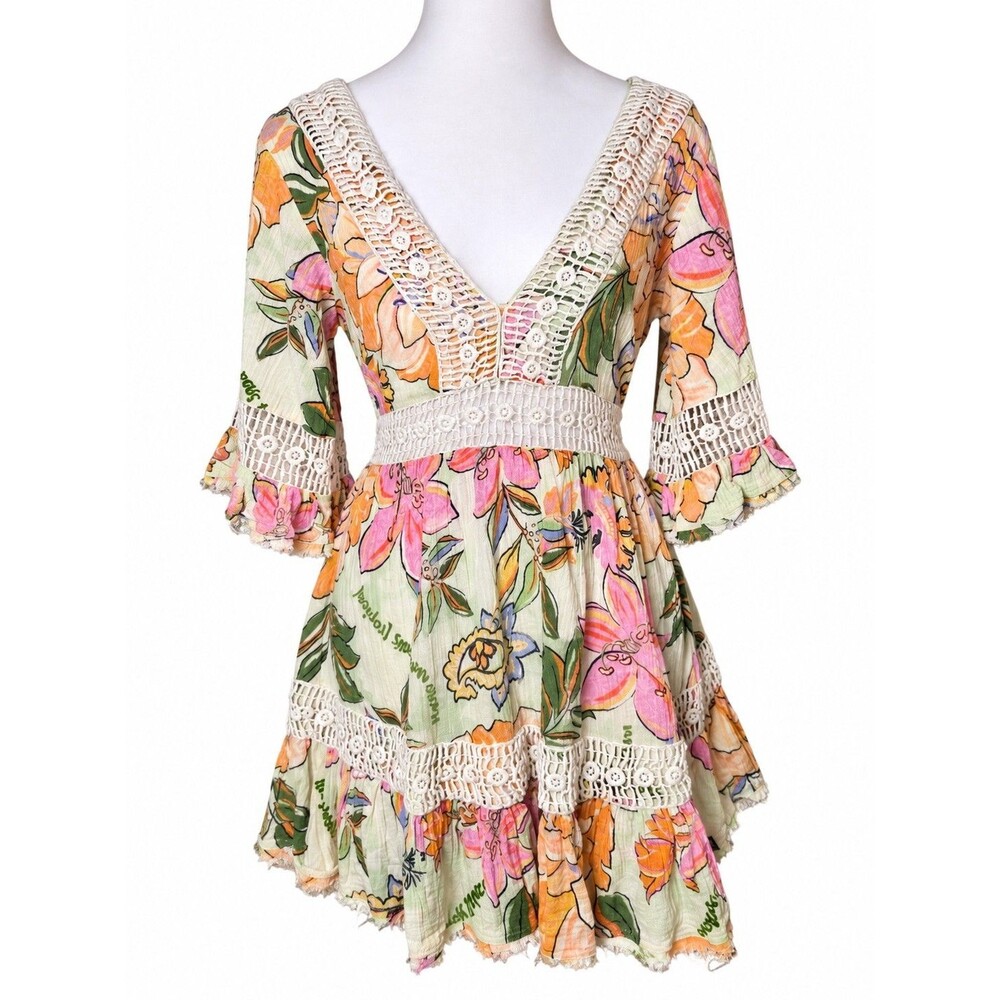 Boho Floral Crochet Lace Mini Dress Cottagecore Fairy Festival Bell Sleeve Small